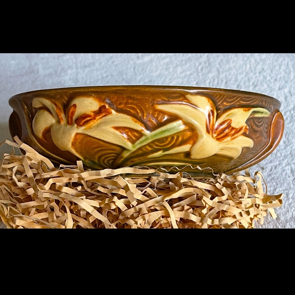 VINTAGE MCM Roseville Pottery Brown Zephyr Lily Console Bowl Vase 1940’s…